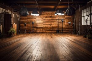 A wooden floor with lighting equipment on it